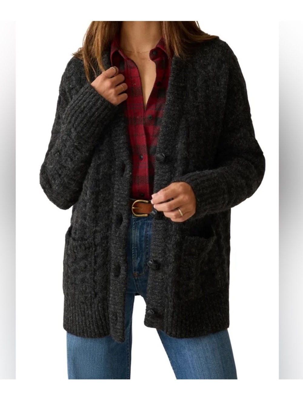 FAHERTY Charcoal Gray Basket Weave Baby Alpaca Wool Cardigan Sweater